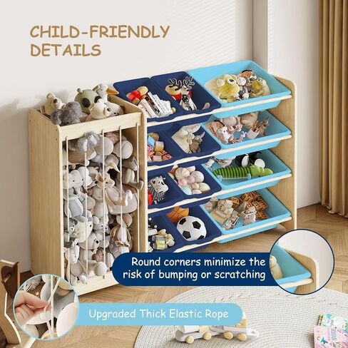 Kids Toy Storage Organizer, 2-in-1 Stuffed Animal Storage & Toy Organizer w/12 Storage Bins, Solid Wood Toy Rack Featuring Thicker Elastic Ropes, Playroom Nursery Bedroom Storage, White in Kuwait