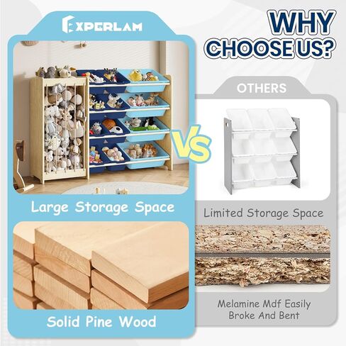 Kids Toy Storage Organizer, 2-in-1 Stuffed Animal Storage & Toy Organizer w/12 Storage Bins, Solid Wood Toy Rack Featuring Thicker Elastic Ropes, Playroom Nursery Bedroom Storage, White in Kuwait