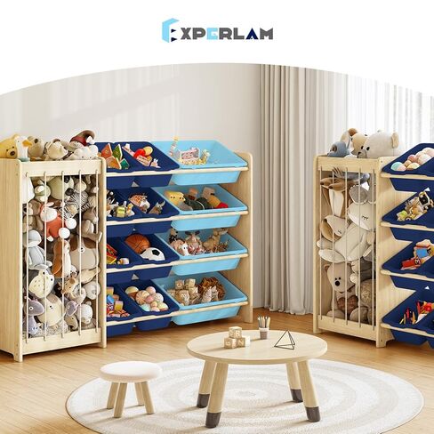 Kids Toy Storage Organizer, 2-in-1 Stuffed Animal Storage & Toy Organizer w/12 Storage Bins, Solid Wood Toy Rack Featuring Thicker Elastic Ropes, Playroom Nursery Bedroom Storage, White in Kuwait