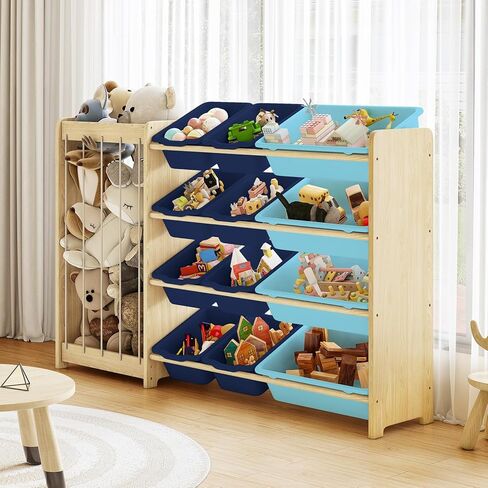 Kids Toy Storage Organizer, 2-in-1 Stuffed Animal Storage & Toy Organizer w/12 Storage Bins, Solid Wood Toy Rack Featuring Thicker Elastic Ropes, Playroom Nursery Bedroom Storage, White in Kuwait