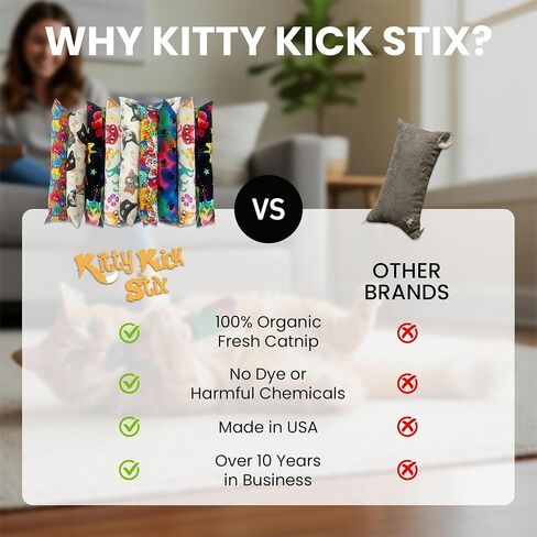 Kitty Kick Stix 15 "لعبة Catnip Kicker الأصلية (مجموعة من 2) ، مصنوعة يدويًا في الولايات المتحدة الأمريكية من قبل عشاق القط ، لعبة Cat Natural Cat & Kitten ، مليئة بنسبة 100 ٪ من القطط القوية لجميع السلالات (القطط السعيدة) in Kuwait