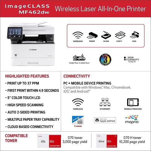 Canon imageCLASS MF462dw II Wireless Laser Printer for Duplex Printing, White - Home Office, Small Office Printer with Print/Copy/Scan/Fax, Expandable Paper Space and 3 Year Limited Warranty, 37 PPM in Saudi Arabia