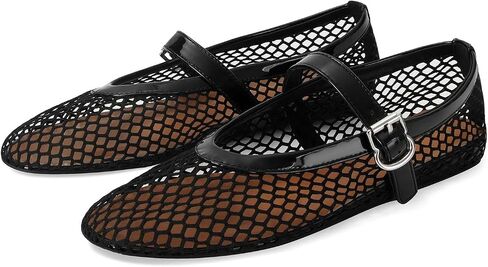 MICIFA Mesh Ballet Flats for Women Metal Decor Ballerina Mary Jane Flats Round Toe Buckle Casual Dress Ballet Flats Shoes BlackGold in Saudi Arabia