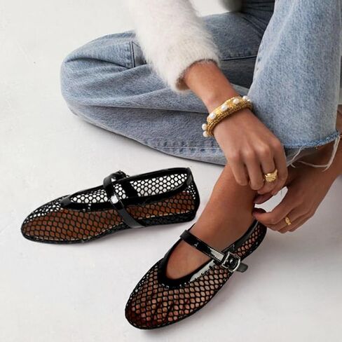 MICIFA Mesh Ballet Flats for Women Metal Decor Ballerina Mary Jane Flats Round Toe Buckle Casual Dress Ballet Flats Shoes BlackGold in Saudi Arabia
