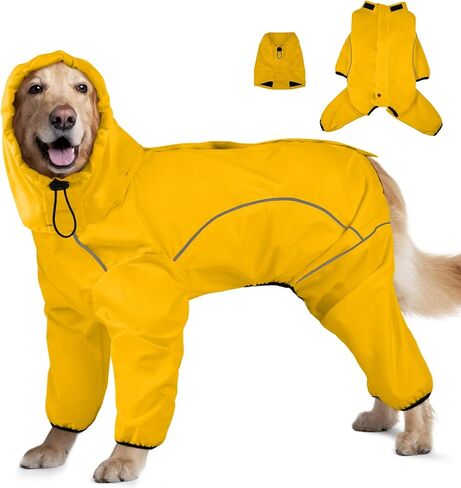 Dog Raincoat, Waterproof Dog Rain Jacket with Removable Hood，Adjustable 4 Legs Pet Poncho with Leash Hole，Reflective Stripe Hooded Snowproof Windproof Clothes for Small to 3X-Large Dogs, L in Saudi Arabia