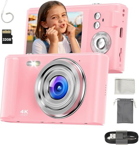 Digital Camera 4K for Kids: 48MP Pink Camera for Teens Photography - Christmas Birthday Gifts for Girls - 16X Zoom Shoot for Vlogging - Compact Camera for 6 7 8 9 10 Years Old- Toys for Toddler in Saudi Arabia