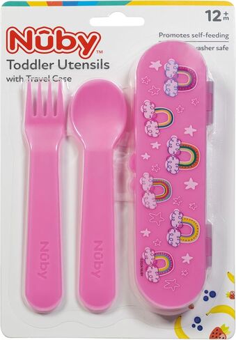 Nuby Toddler Utensils with Travel Case – Self-Feeding Fork & Spoon Set for Kids, Easy-to-Hold Training Utensils with Rounded Safe Edges, Bright Colors & Fun Patterns for Independent Mealtime, Dinosaur in Saudi Arabia