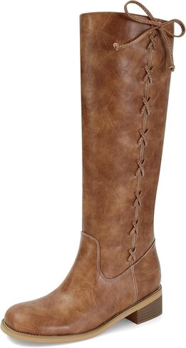 حذاء برقبة للركبة للنساء بمقدمة مستديرة وكعب منخفض مكتنز حذاء طويل مريح بسحب على الأربطة الجانبية حذاء طويل أنيق لخريف وشتاء in Kuwait