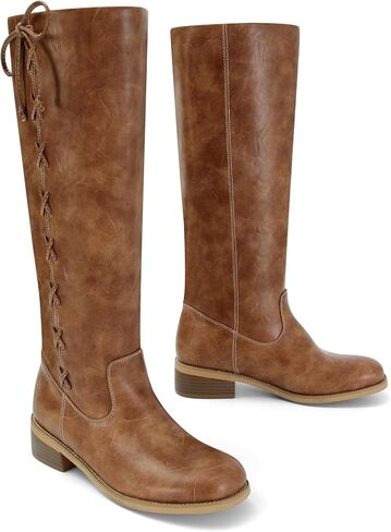 حذاء برقبة للركبة للنساء بمقدمة مستديرة وكعب منخفض مكتنز حذاء طويل مريح بسحب على الأربطة الجانبية حذاء طويل أنيق لخريف وشتاء in Kuwait