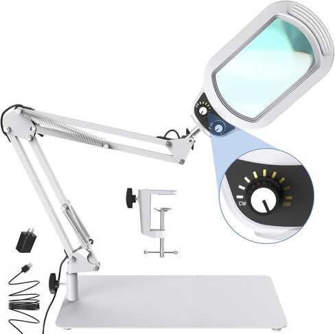 10X Rectangle Magnifying Glass with Light and Stand, Real Glass Lighted Magnifier Hands Free, Mechanical Knob 5 Color Modes Stepless Dimmable, 2-in-1 LED Desk Lamp with Clamp for Close Work, Reading in Saudi Arabia