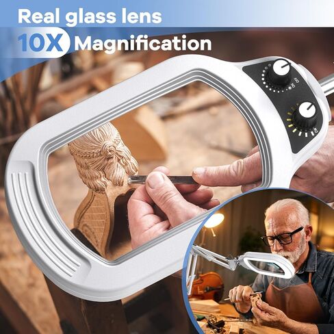 10X Rectangle Magnifying Glass with Light and Stand, Real Glass Lighted Magnifier Hands Free, Mechanical Knob 5 Color Modes Stepless Dimmable, 2-in-1 LED Desk Lamp with Clamp for Close Work, Reading in Saudi Arabia