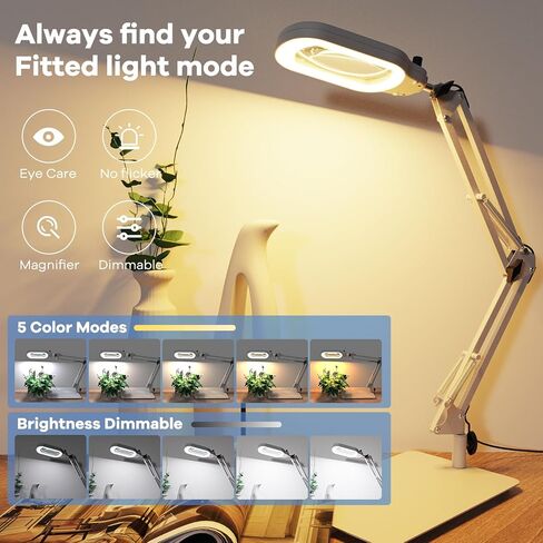 10X Rectangle Magnifying Glass with Light and Stand, Real Glass Lighted Magnifier Hands Free, Mechanical Knob 5 Color Modes Stepless Dimmable, 2-in-1 LED Desk Lamp with Clamp for Close Work, Reading in Saudi Arabia