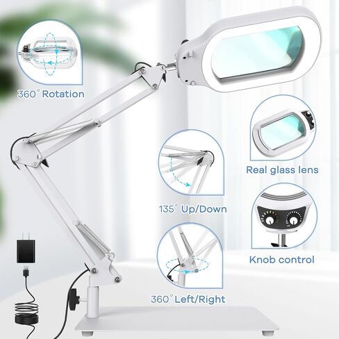 10X Rectangle Magnifying Glass with Light and Stand, Real Glass Lighted Magnifier Hands Free, Mechanical Knob 5 Color Modes Stepless Dimmable, 2-in-1 LED Desk Lamp with Clamp for Close Work, Reading in Saudi Arabia