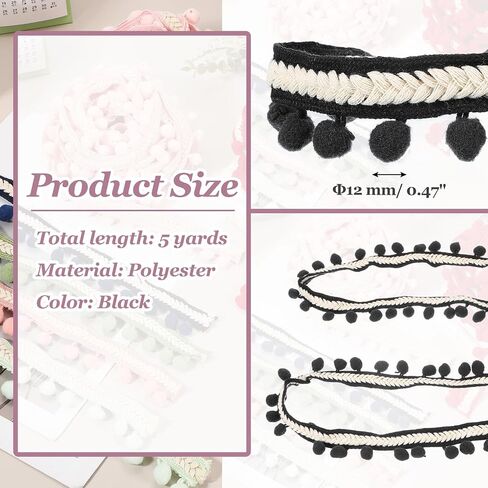 uxcell 5 Yards Embroidered Pom Pom Ribbon, Fabric Trim Fringe Pompom Crafts Tassel Lace for Sewing DIY Clothes Pillow Decoration, White in Saudi Arabia