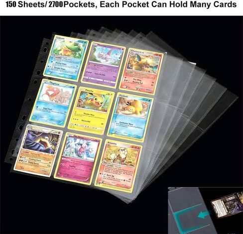 1800 Pockets Trading Card Sleeve Pages ، 100 Pack Side Side 9-Pocketors Black Card Sleeves Sheets 11 Ring لبطاقات الرياضة ذات الحجم القياسي ، وبطاقات البيسبول ، وبطاقات اللعبة (100) in Kuwait