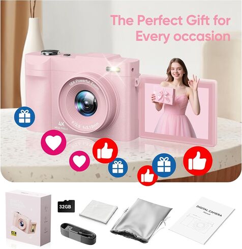 4K Digital Camera for Photography- 50MP Autofocus Vlogging Camera with 2.8" 180°Flip Screen, 18X Digital Zoom- Compact Point and Shoot Camera with 32GB TF for YouTube, Travel, Beginners, Black in Saudi Arabia