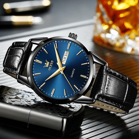 Men's Watch, Business Casual Leather Band Analog Quartz Watch with Day Date Display, Luxury Fashion Easy to Set and Read Waterproof Luminous Wrist Watch for Men in Kuwait