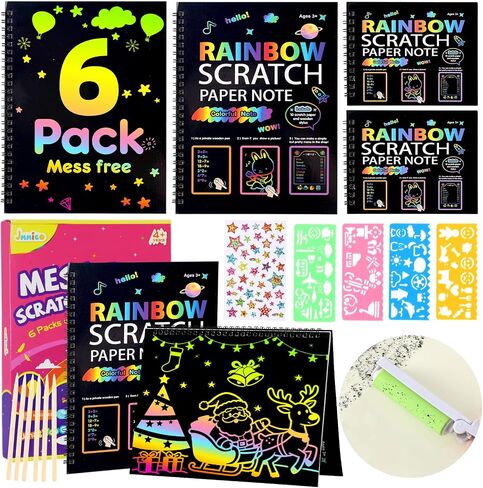 Scratch Art Books for Kids, 6 Packs Rainbow Scratch Notebook, Crafts Kit with Reusable Cleaner Tool, Mess-Free Art Crafts for Kids Ages 4-8, Travel, Gifts for 4 5 6 7 8 9 Year Old Girl Boy in Saudi Arabia