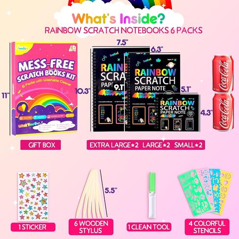 Scratch Art Books for Kids, 6 Packs Rainbow Scratch Notebook, Crafts Kit with Reusable Cleaner Tool, Mess-Free Art Crafts for Kids Ages 4-8, Travel, Gifts for 4 5 6 7 8 9 Year Old Girl Boy in Saudi Arabia