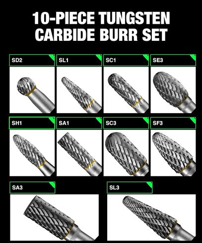 10Pcs Carbide Burr Set 1/4 Shank w/Clear Box Head Dia 8mm Die Grinder Bits Rotary Tools Attachment Kit Rasp File Accessories Metal Wood Stone Steel Grinding Deburring Cutting Porting Carving in Kuwait