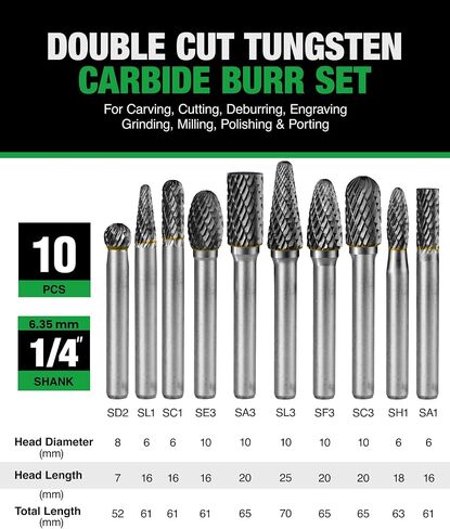 10Pcs Carbide Burr Set 1/4 Shank w/Clear Box Head Dia 8mm Die Grinder Bits Rotary Tools Attachment Kit Rasp File Accessories Metal Wood Stone Steel Grinding Deburring Cutting Porting Carving in Kuwait