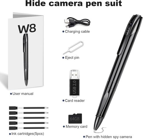 Mini Camera Pen, 1080P HD Security Camera, 64GB Storage, 150 Mins Use, USB Charging Pocket Cam, 5 Refills in Kuwait