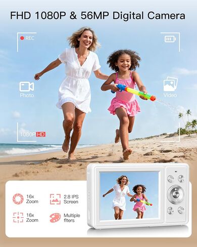 Digital Camera, FHD 1080P Point and Shoot Camera with 32GB SD Card, 2 Batteries, 16X Zoom, Anti Shake, Compact Small Design for Kids Teens Students Girls Boys (Black) in Saudi Arabia