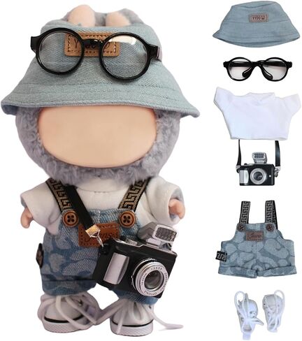 6 Piece 17cm Doll Clothes, Outfit Set with Accessories for 17cm Dolls, Denim Style Outfit Set with T-Shirt + Denim Overalls + Canvas Sneakers + Denim Hat + Mini Camera + Glasses, No Doll Included in Saudi Arabia