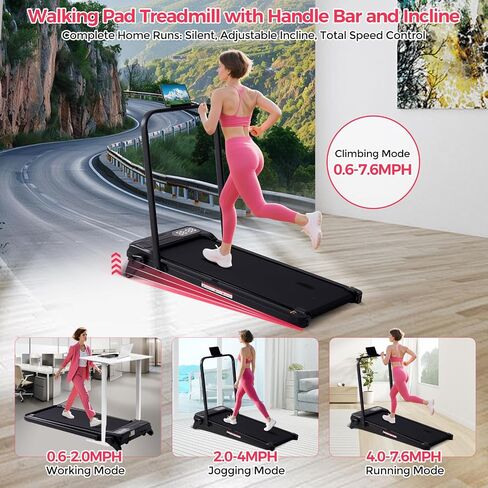 Walking Pad Treadmill with Handle Bar & Adjustable Incline, 3.5HP Electric Home Compact Running Treadmill with Handles, 0.6-7.6MPH Portable Small Under the Desk Treadmills for Home Small Spaces, 350LB in Saudi Arabia