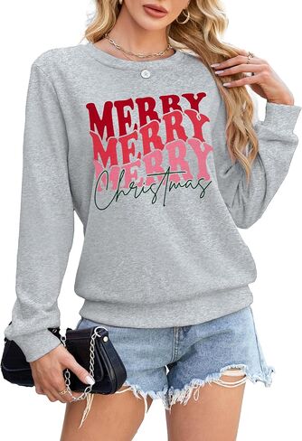 EGELEXY Merry Christmas Sweatshirt for Women Merry Letter Print Graphic Shirts Lightweight Christmas Crewneck Pullover in Saudi Arabia