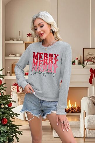 EGELEXY Merry Christmas Sweatshirt for Women Merry Letter Print Graphic Shirts Lightweight Christmas Crewneck Pullover in Saudi Arabia