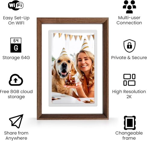 16" WiFi Digital Picture Wood Texture Frame - 1920 * 1080p FHD Magnetic Wall Mount, 64GB+8GB Cloud, Auto-Rotate Screen, Share Photos/Videos Instantly via App，Family Kids Growth Display in Kuwait