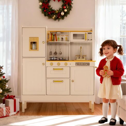 Kinder King Wooden Kids يلعبون المطبخ ، المطبخ للطفل طفل ، لعب لعبة المطبخ مجموعة مع أصوات حقيقية ، تظاهر الفرن الميكروويف ، صانع الجليد ، الهاتف ، هدية للبنين الفتيات 3+ ، الوردي in Kuwait