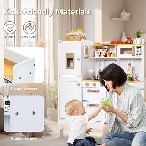 Kinder King Wooden Kids يلعبون المطبخ ، المطبخ للطفل طفل ، لعب لعبة المطبخ مجموعة مع أصوات حقيقية ، تظاهر الفرن الميكروويف ، صانع الجليد ، الهاتف ، هدية للبنين الفتيات 3+ ، الوردي in Kuwait