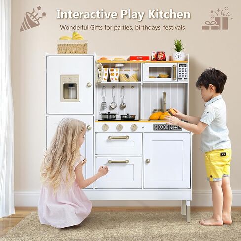 Kinder King Wooden Kids يلعبون المطبخ ، المطبخ للطفل طفل ، لعب لعبة المطبخ مجموعة مع أصوات حقيقية ، تظاهر الفرن الميكروويف ، صانع الجليد ، الهاتف ، هدية للبنين الفتيات 3+ ، الوردي in Kuwait