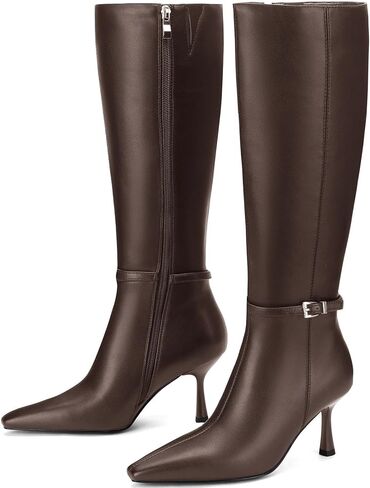 Knee High Boots Women, Faux Leather Pointed Toe Stiletto & Low Heel with Side Zipper, Sophisticated Tall Boots for Fall Winter Office, Dresses & Parties in Kuwait