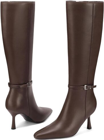 Knee High Boots Women, Faux Leather Pointed Toe Stiletto & Low Heel with Side Zipper, Sophisticated Tall Boots for Fall Winter Office, Dresses & Parties in Kuwait