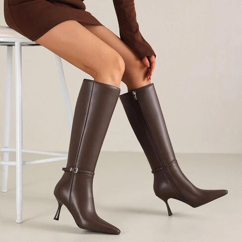 Knee High Boots Women, Faux Leather Pointed Toe Stiletto & Low Heel with Side Zipper, Sophisticated Tall Boots for Fall Winter Office, Dresses & Parties in Kuwait
