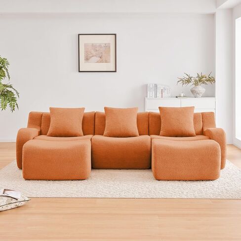 Modular Sectional Sofa for Living Room, 115.3" U-Shaped Orange Boneless Cloud Couch with 2 Ottoman, 3-Seat Teddy Fabric Sofa Deep Seat Curved Armrest,Streamlined Ergonomic Design in Kuwait