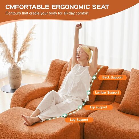 Modular Sectional Sofa for Living Room, 115.3" U-Shaped Orange Boneless Cloud Couch with 2 Ottoman, 3-Seat Teddy Fabric Sofa Deep Seat Curved Armrest,Streamlined Ergonomic Design in Kuwait