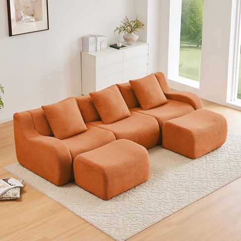 Modular Sectional Sofa for Living Room, 115.3" U-Shaped Orange Boneless Cloud Couch with 2 Ottoman, 3-Seat Teddy Fabric Sofa Deep Seat Curved Armrest,Streamlined Ergonomic Design in Kuwait