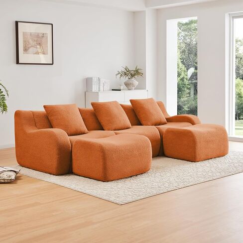 Modular Sectional Sofa for Living Room, 115.3" U-Shaped Orange Boneless Cloud Couch with 2 Ottoman, 3-Seat Teddy Fabric Sofa Deep Seat Curved Armrest,Streamlined Ergonomic Design in Kuwait