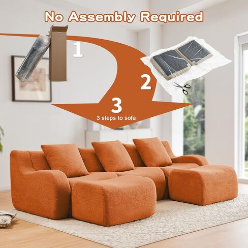 Modular Sectional Sofa for Living Room, 115.3" U-Shaped Orange Boneless Cloud Couch with 2 Ottoman, 3-Seat Teddy Fabric Sofa Deep Seat Curved Armrest,Streamlined Ergonomic Design in Kuwait