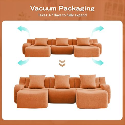 Modular Sectional Sofa for Living Room, 115.3" U-Shaped Orange Boneless Cloud Couch with 2 Ottoman, 3-Seat Teddy Fabric Sofa Deep Seat Curved Armrest,Streamlined Ergonomic Design in Kuwait