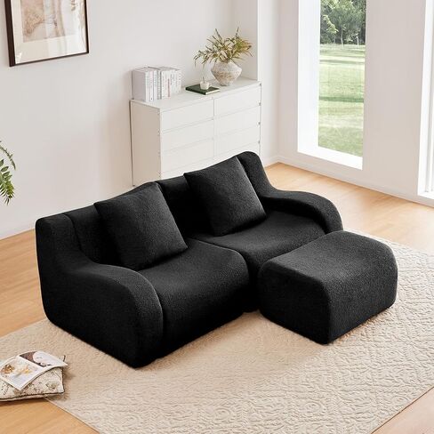 Modular Sectional Sofa for Living Room, 115.3" U-Shaped Orange Boneless Cloud Couch with 2 Ottoman, 3-Seat Teddy Fabric Sofa Deep Seat Curved Armrest,Streamlined Ergonomic Design in Kuwait