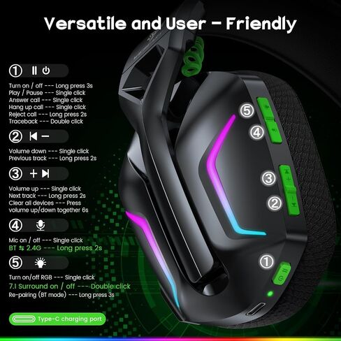 Wireless Gaming Headsets for PS5, PS4, PC, Switch, Mac, 2.4GHz Bluetooth Gaming Headphones with 7.1 Surround Sound, 50mm Drivers Wireless Headset with Microphone in Kuwait