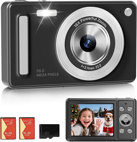 كاميرا رقمية، كاميرا FHD 1080P Point and Shoot مع بطاقة SD سعة 32 جيجابايت، بطاريتان، تكبير 16X، مضادة للاهتزاز، تصميم صغير الحجم للأطفال والمراهقين والطلاب والبنات والأولاد (أبيض) in Kuwait