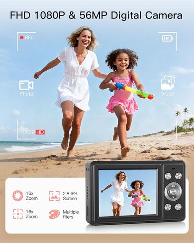 كاميرا رقمية، كاميرا FHD 1080P Point and Shoot مع بطاقة SD سعة 32 جيجابايت، بطاريتان، تكبير 16X، مضادة للاهتزاز، تصميم صغير الحجم للأطفال والمراهقين والطلاب والبنات والأولاد (أبيض) in Kuwait
