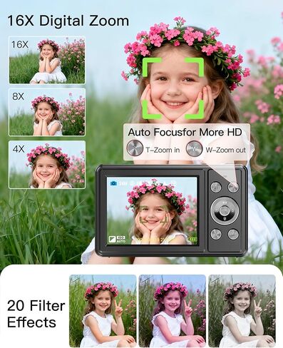 كاميرا رقمية، كاميرا FHD 1080P Point and Shoot مع بطاقة SD سعة 32 جيجابايت، بطاريتان، تكبير 16X، مضادة للاهتزاز، تصميم صغير الحجم للأطفال والمراهقين والطلاب والبنات والأولاد (أبيض) in Kuwait