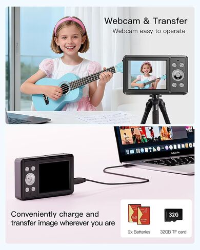 كاميرا رقمية، كاميرا FHD 1080P Point and Shoot مع بطاقة SD سعة 32 جيجابايت، بطاريتان، تكبير 16X، مضادة للاهتزاز، تصميم صغير الحجم للأطفال والمراهقين والطلاب والبنات والأولاد (أبيض) in Kuwait